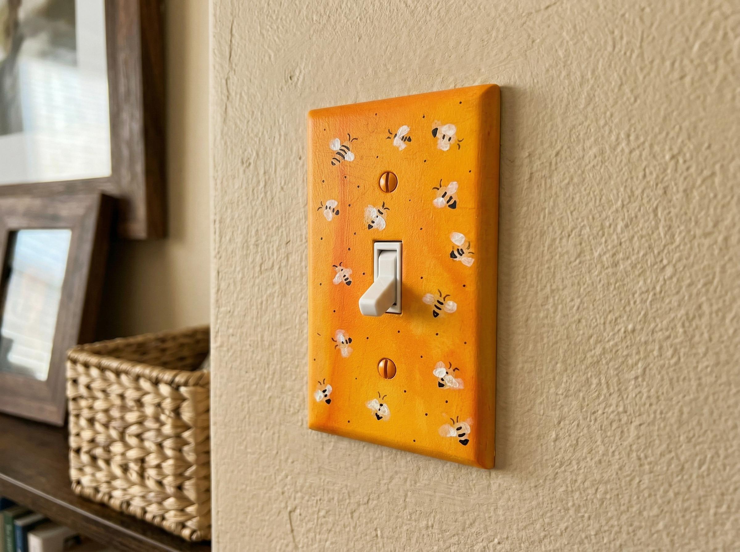 Hand-Painted Yellow Bee Pattern Light Switch Plates, Bumblebee Kitchen Decor, Outlet Cover Wall Art
