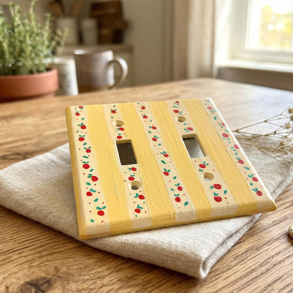 Hand-Painted Yellow Stripes Cherries Light Switch Plate, Kitchen Wall Art