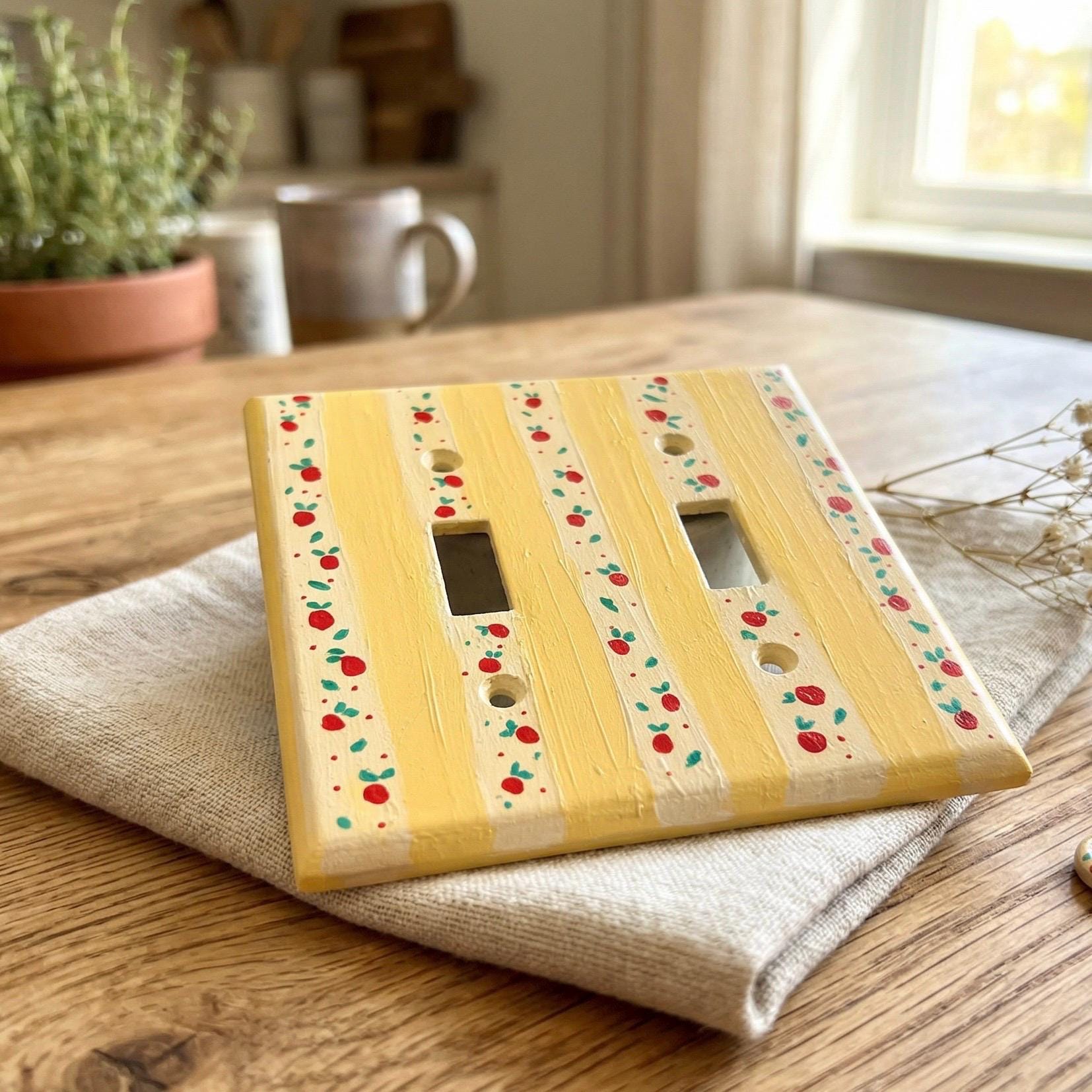 Hand-Painted Yellow Stripes Cherries Light Switch Plate, Kitchen Wall Art