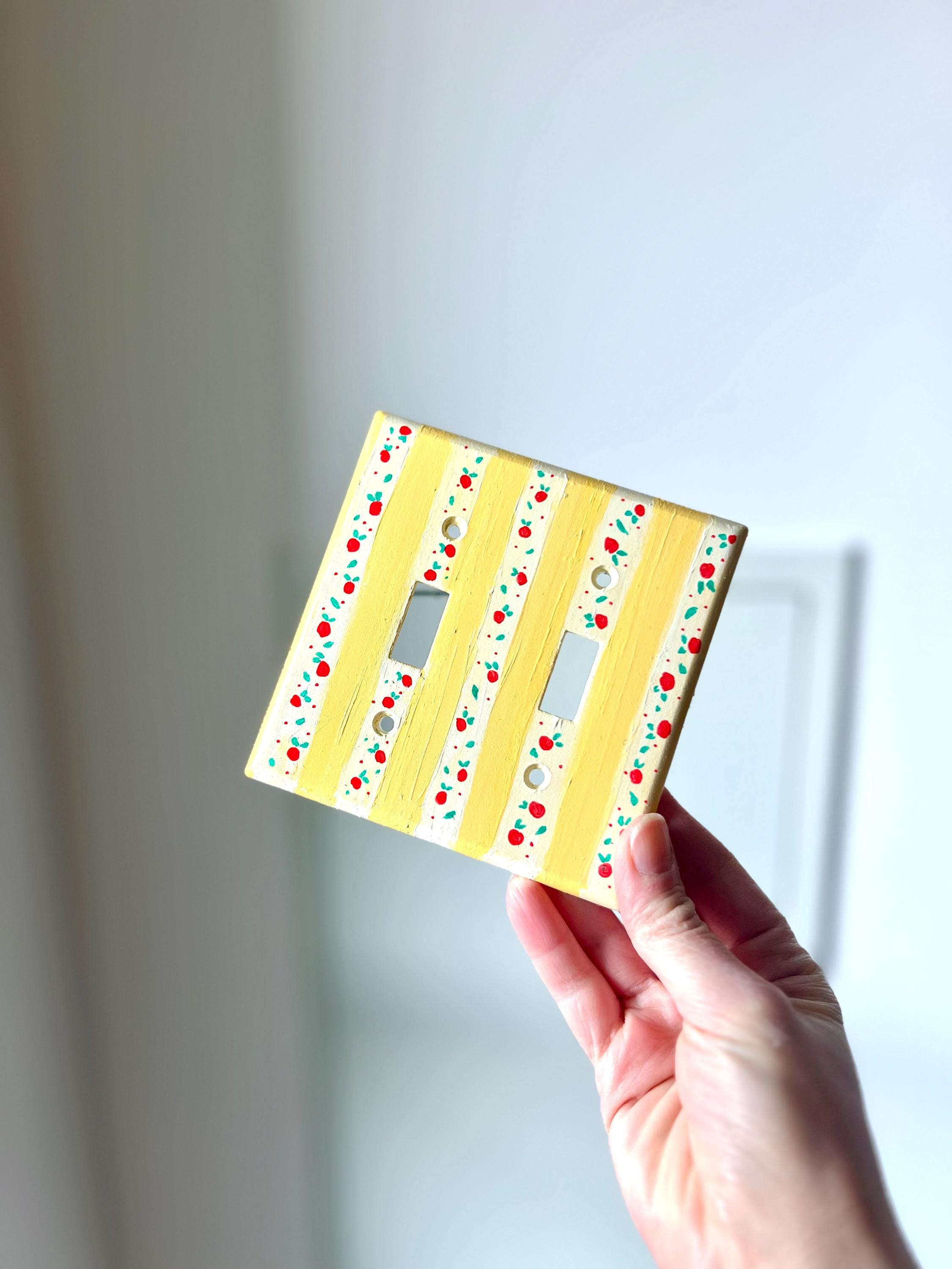 Hand-Painted Yellow Stripes Cherries Light Switch Plate, Kitchen Wall Art