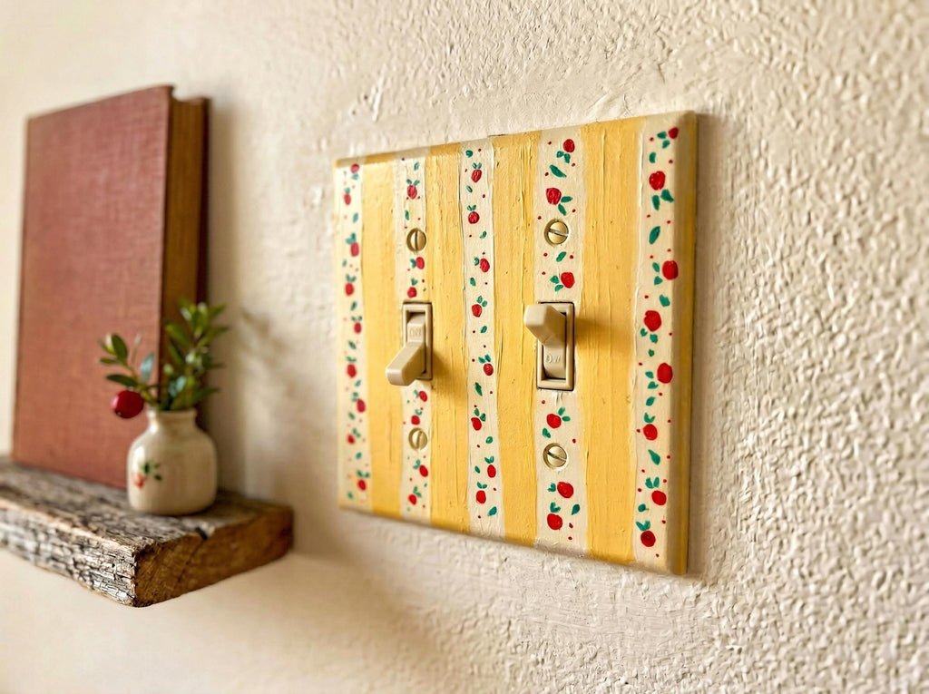 Hand-Painted Yellow Stripes Cherries Light Switch Plate, Kitchen Wall Art