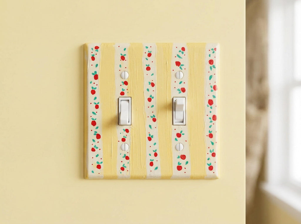 Hand-Painted Yellow Stripes Cherries Light Switch Plate, Kitchen Wall Art