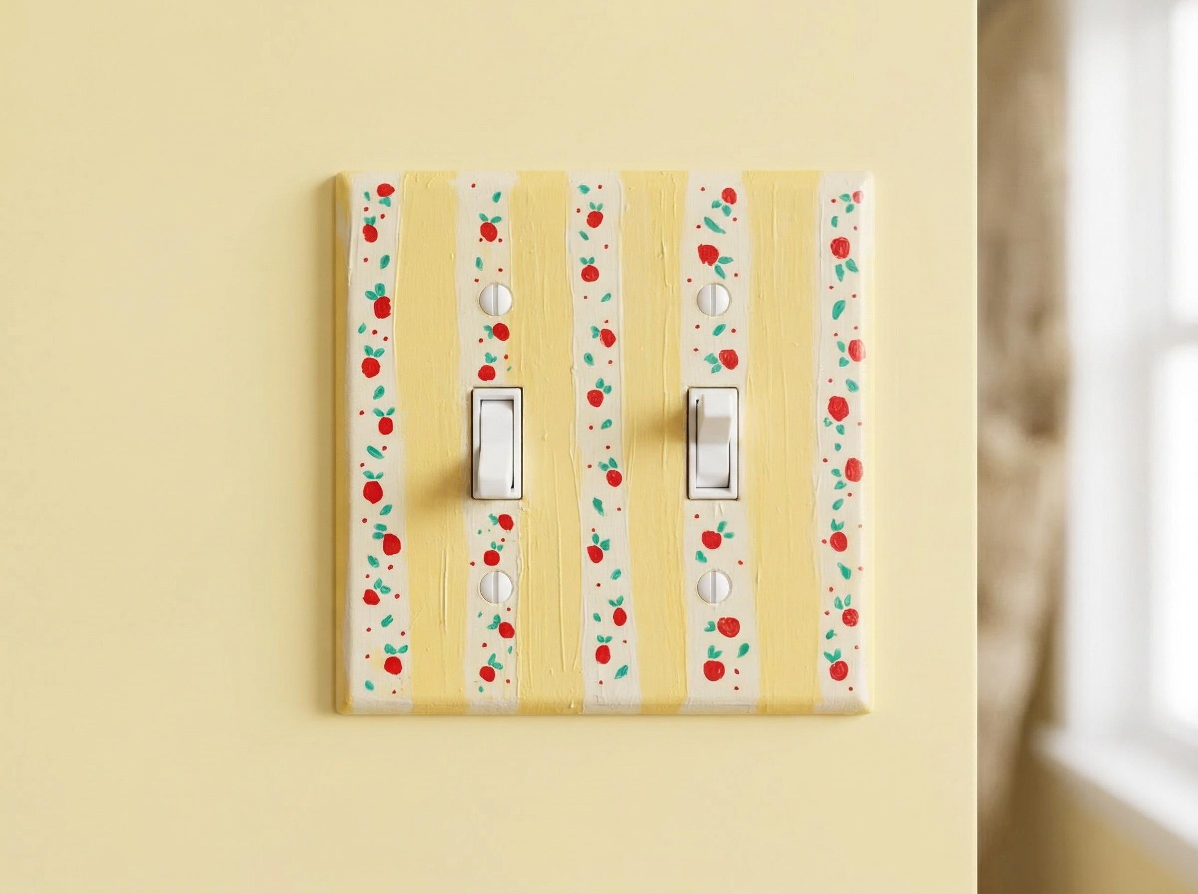 Hand-Painted Yellow Stripes Cherries Light Switch Plate, Kitchen Wall Art