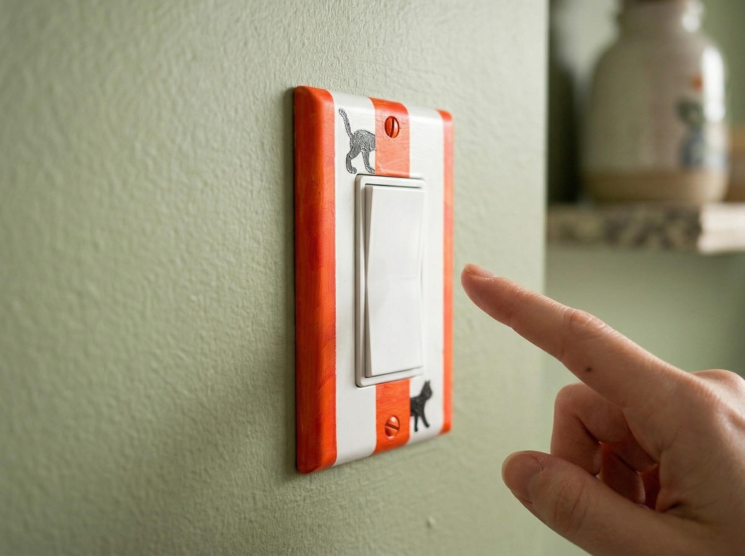 Hand-Painted Black Cat Light Switch Plate, Red Stripes Unique Wall Art, Home Outlet Cover, Other Colors Available!