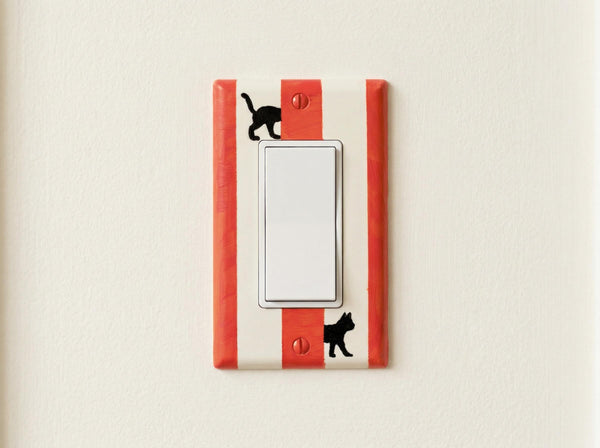 Hand-Painted Black Cat Light Switch Plate, Red Stripes Unique Wall Art, Home Outlet Cover, Other Colors Available!