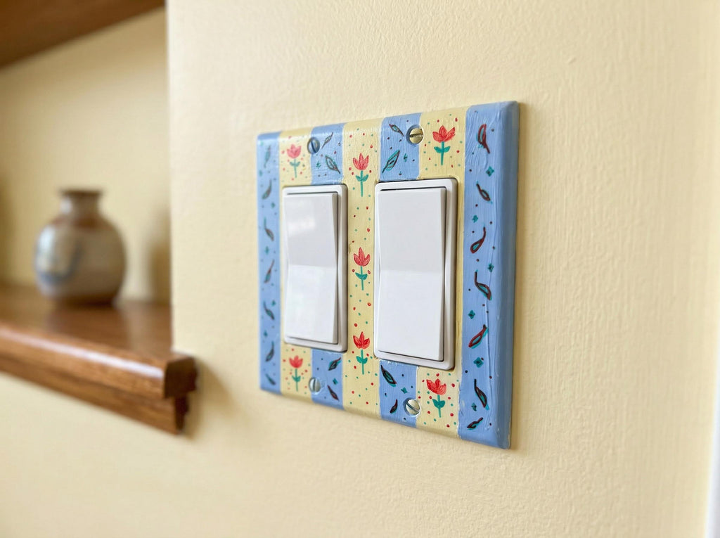 Hand-Painted Flowers Switch Plate, Butter Yellow and Blue Floral Wall Art, Home Outlet Cover