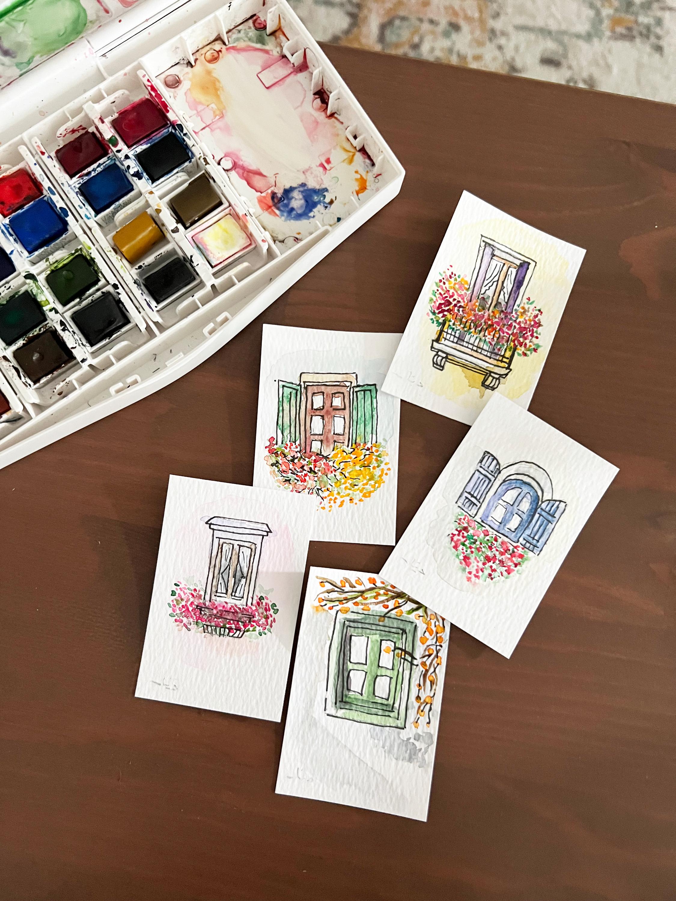 Custom Framed Watercolor Window Painting with flowers & stars: Celestial Botanical Art