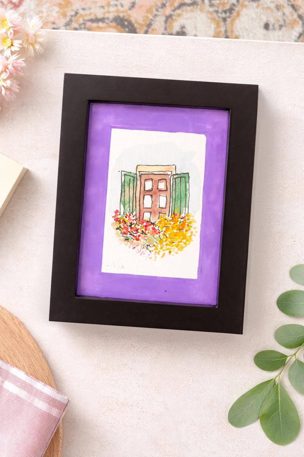Custom Framed Watercolor Window Painting with flowers & stars: Celestial Botanical Art