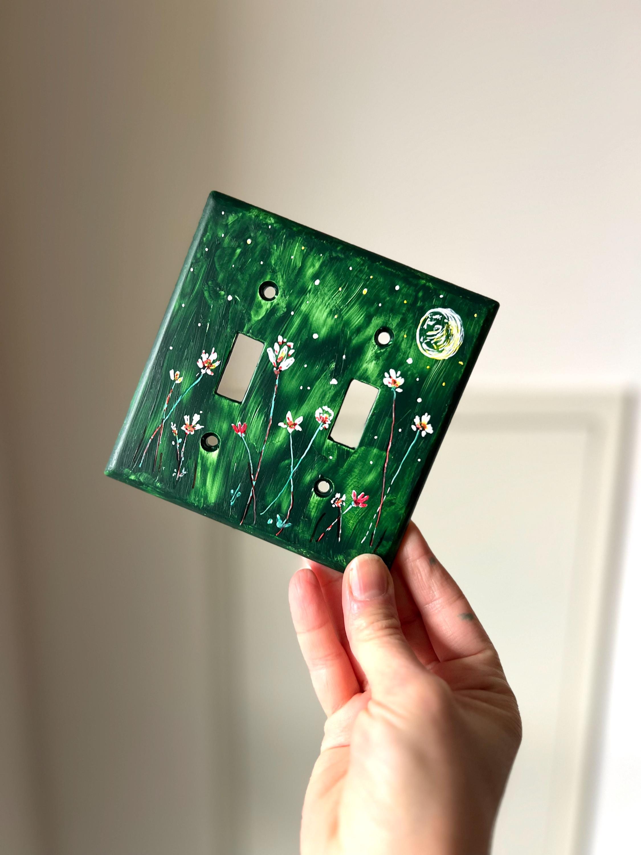 Hand-Painted Dark Green Floral Switch Plate, Moon Stars Wall Art Cover, Dark Academia Decor