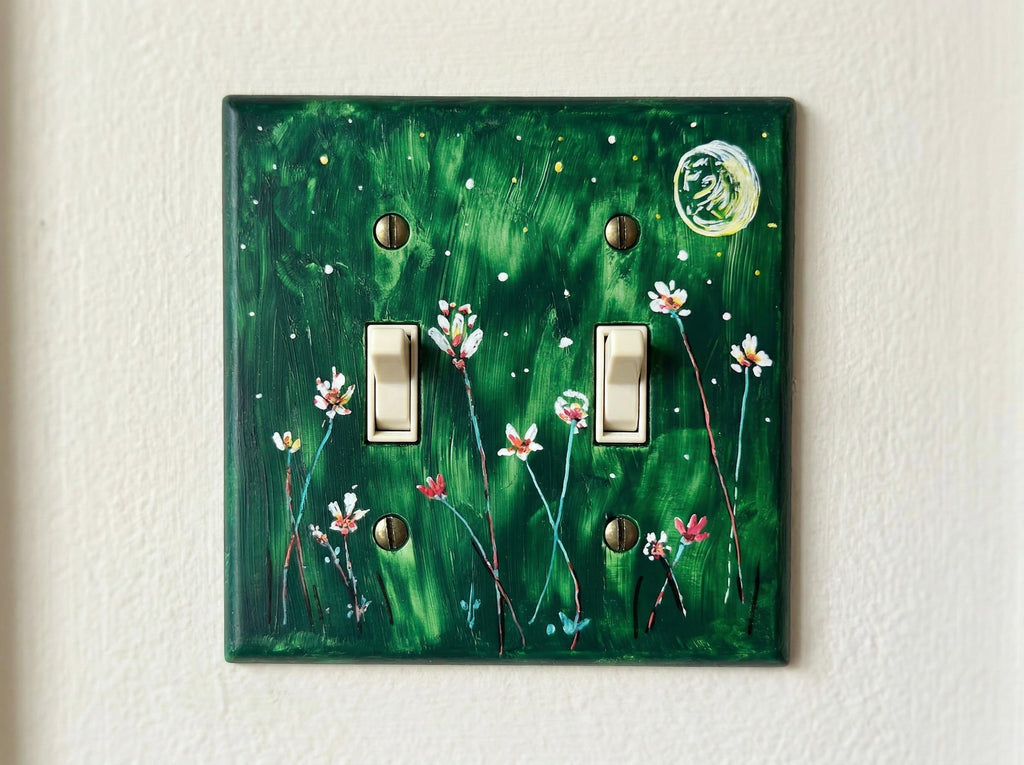 Hand-Painted Dark Green Floral Switch Plate, Moon Stars Wall Art Cover, Dark Academia Decor