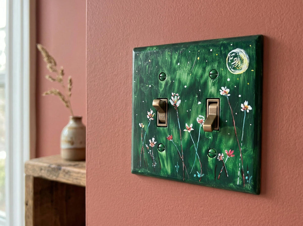 Hand-Painted Dark Green Floral Switch Plate, Moon Stars Wall Art Cover, Dark Academia Decor
