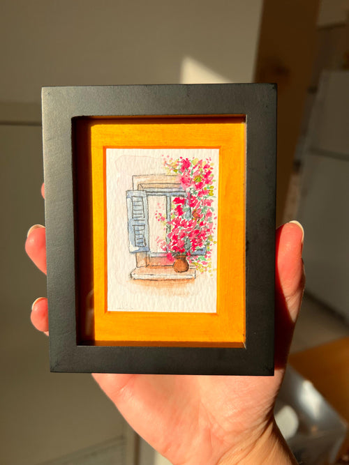 Custom Framed Watercolor Window Painting with flowers & stars: Celestial Botanical Art