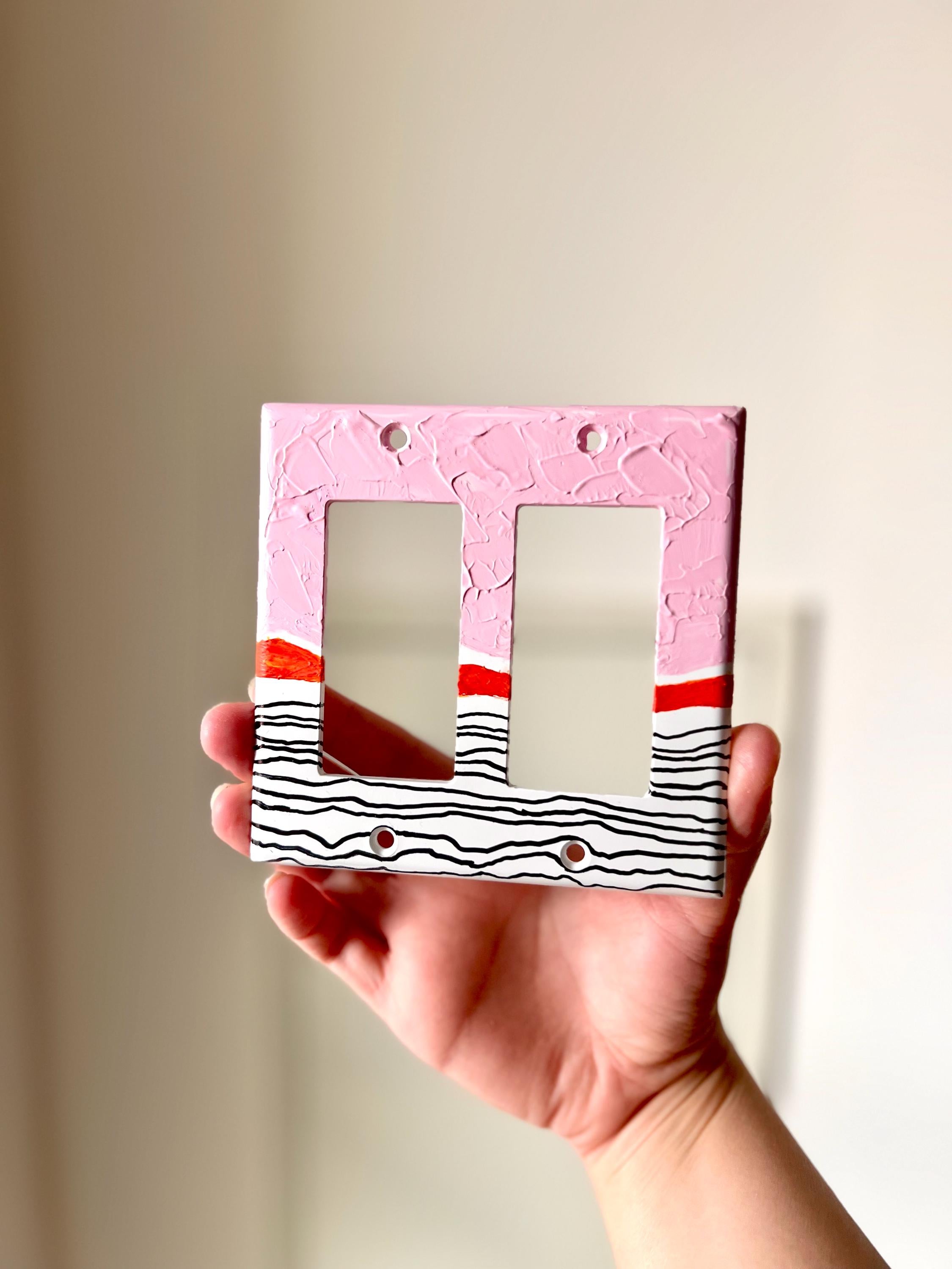 Unique Hand Painted Modern Pink and Black Striped Switch Plate Cover