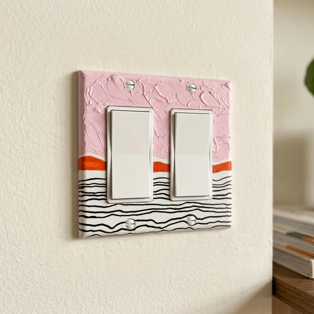 Unique Hand Painted Modern Pink and Black Striped Switch Plate Cover