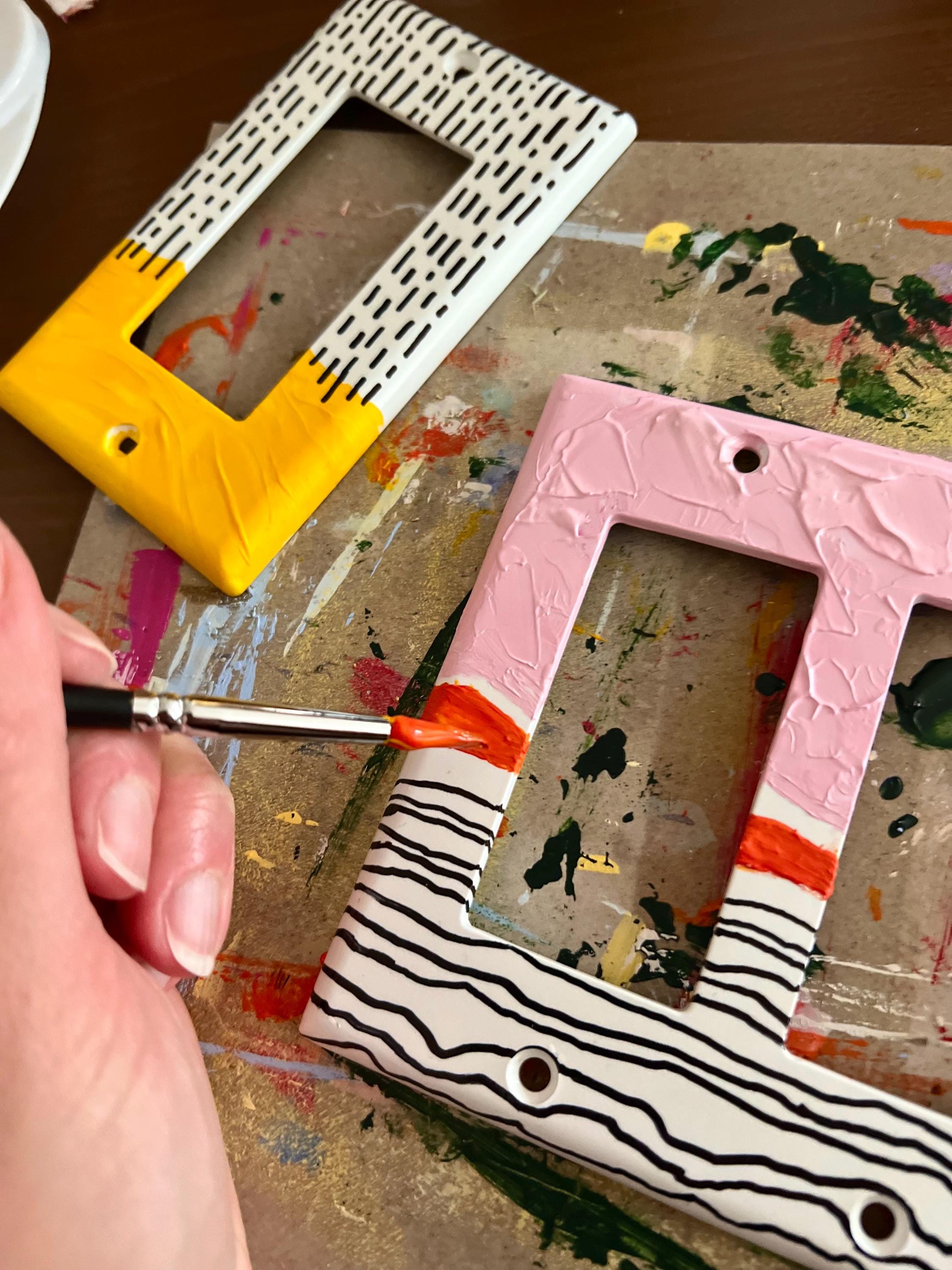Unique Hand Painted Modern Pink and Black Striped Switch Plate Cover