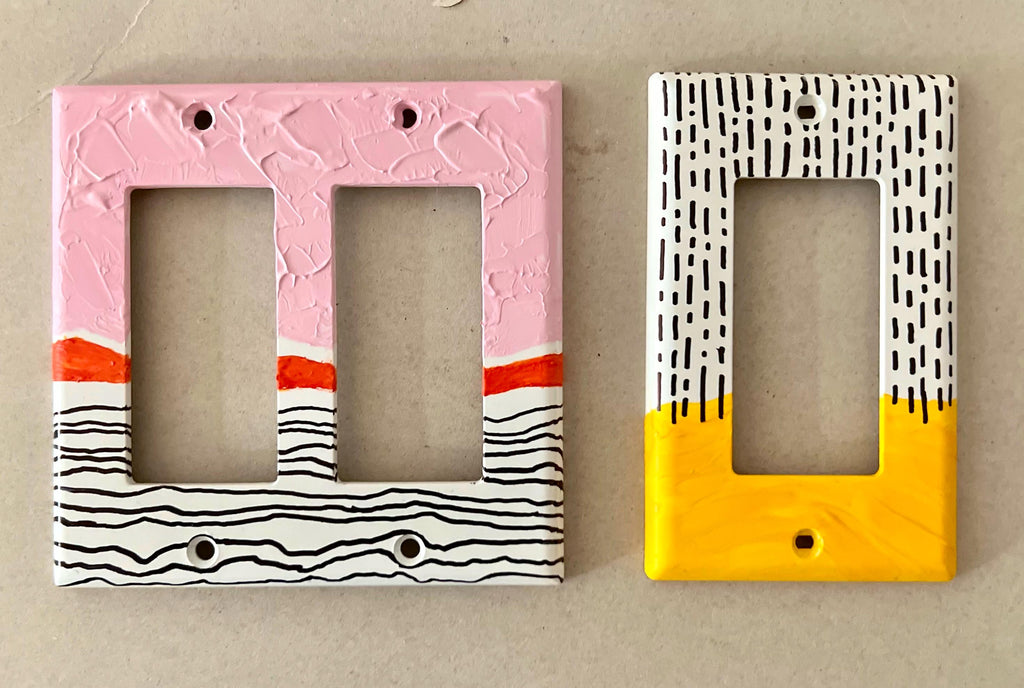 Unique Hand Painted Modern Pink and Black Striped Switch Plate Cover
