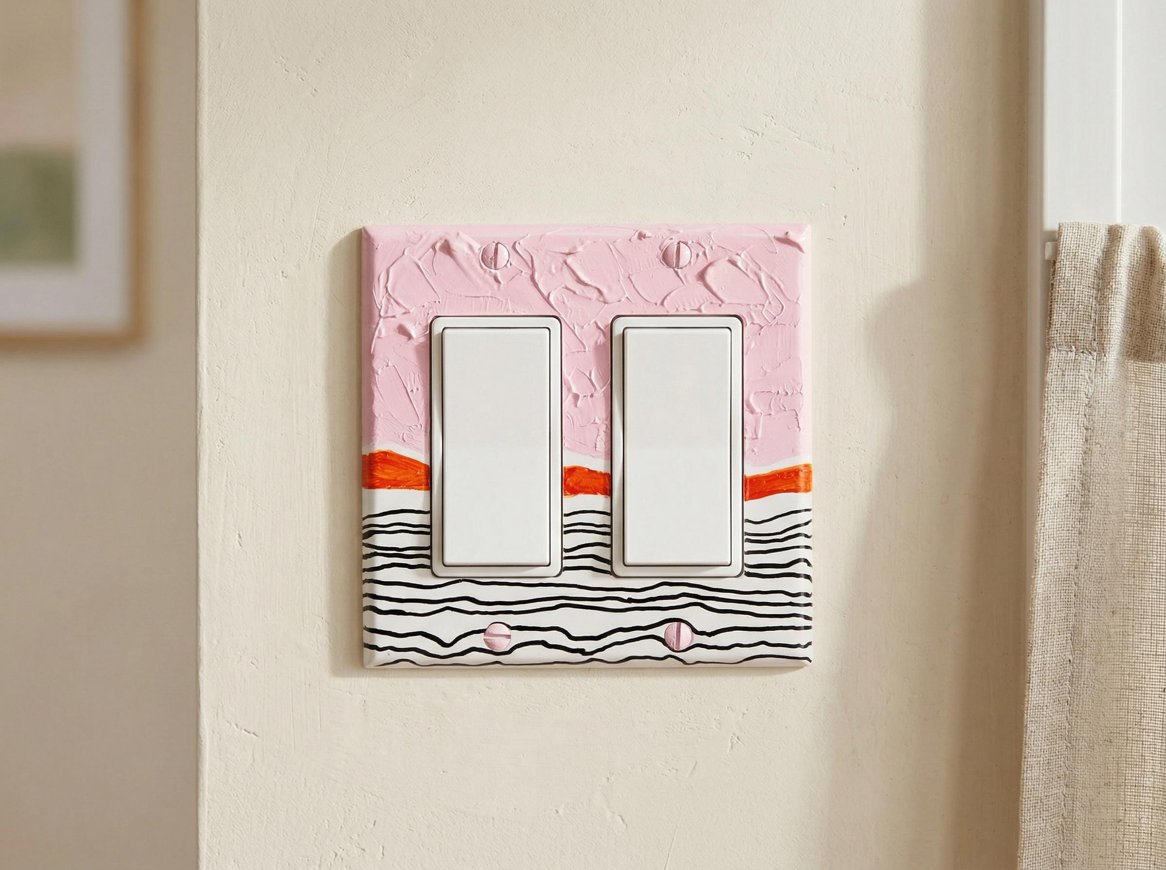 Unique Hand Painted Modern Pink and Black Striped Switch Plate Cover