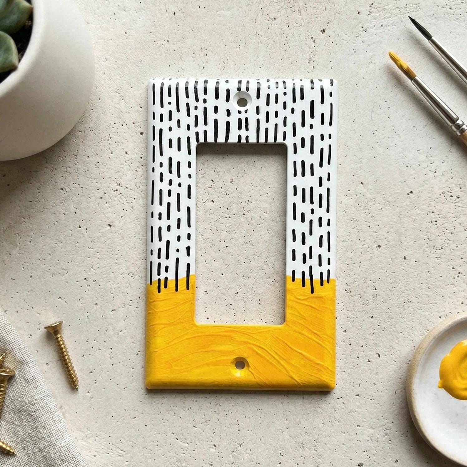 Unique Hand Painted Modern Yellow and Black Dashes Switch Plate Cover
