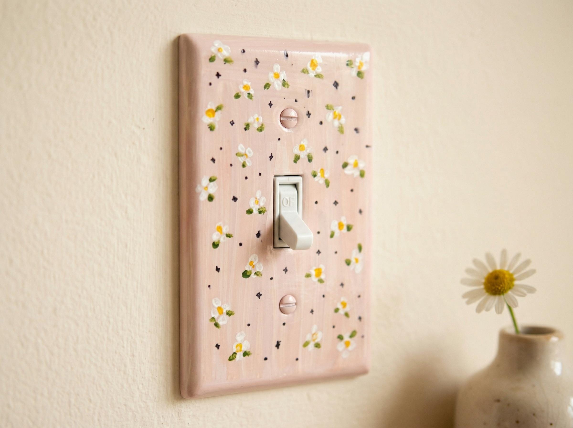 Hand-Painted Floral Light Switch Plate, Cottagecore Yellow Pink Wall Art Outlet Cover