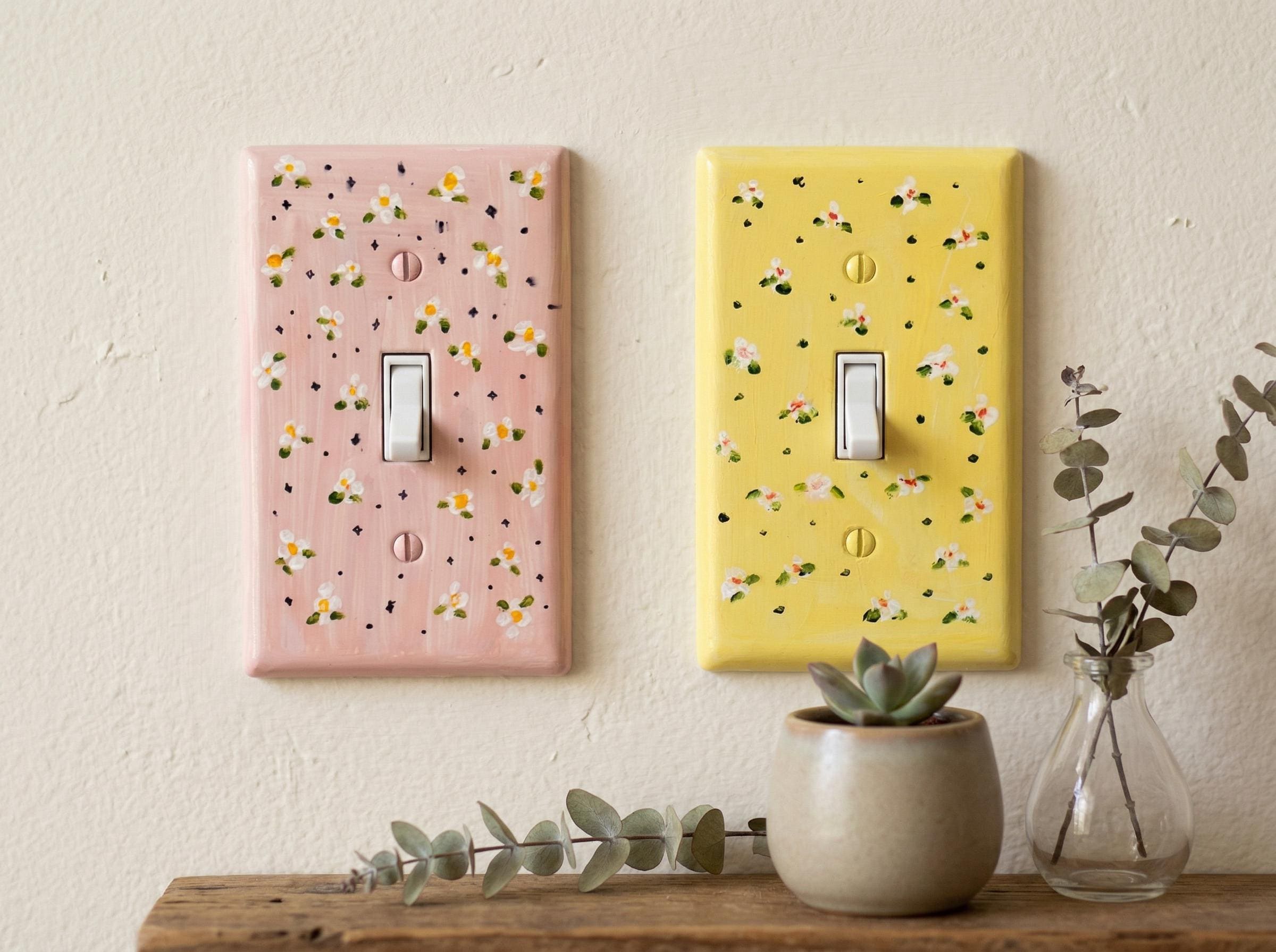 Hand-Painted Floral Light Switch Plate, Cottagecore Yellow Pink Wall Art Outlet Cover