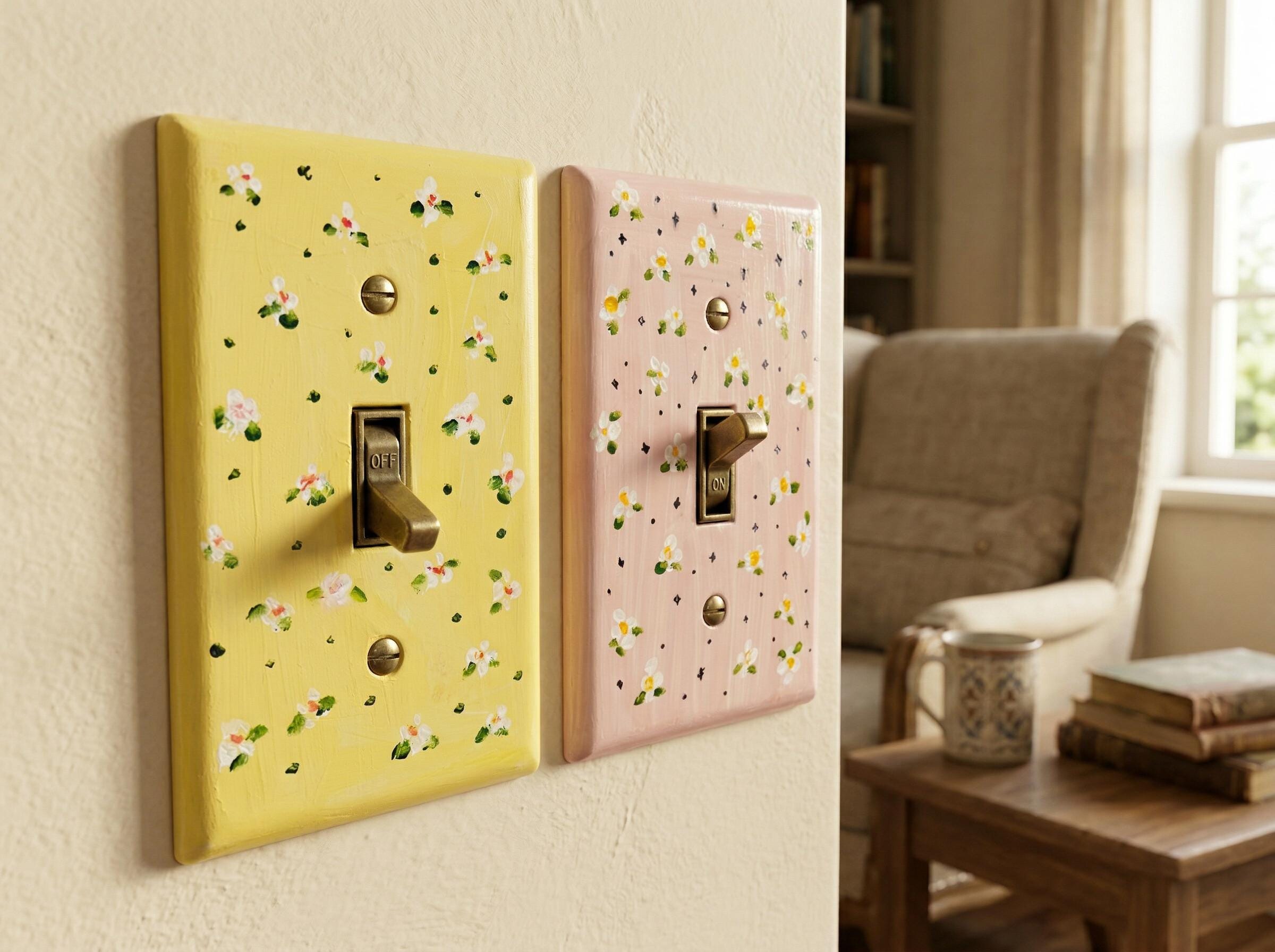 Hand-Painted Floral Light Switch Plate, Cottagecore Yellow Pink Wall Art Outlet Cover
