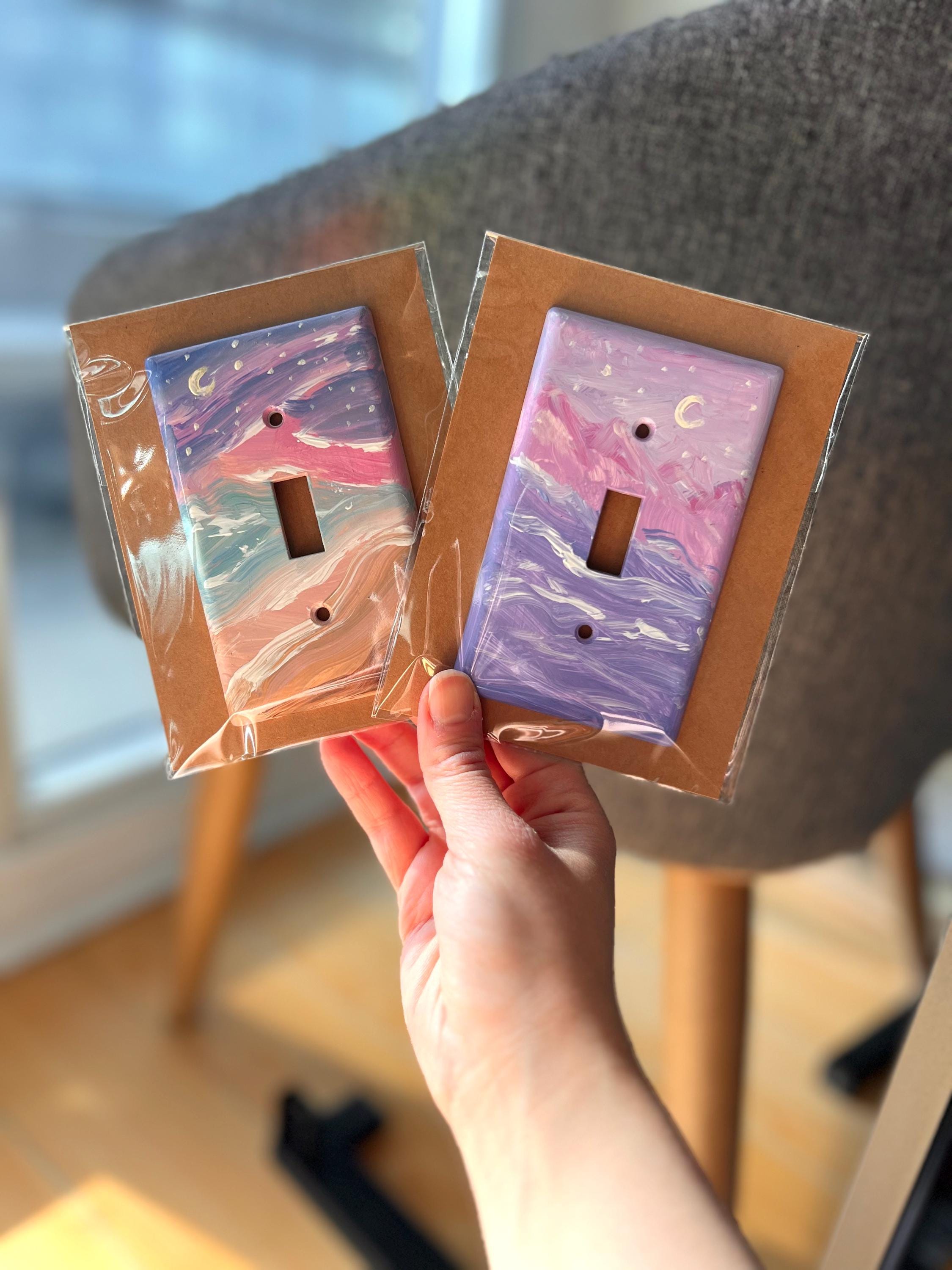 Hand-Painted Seascape Light Switch Plate, Pink Beach Purple Waves Wall Art