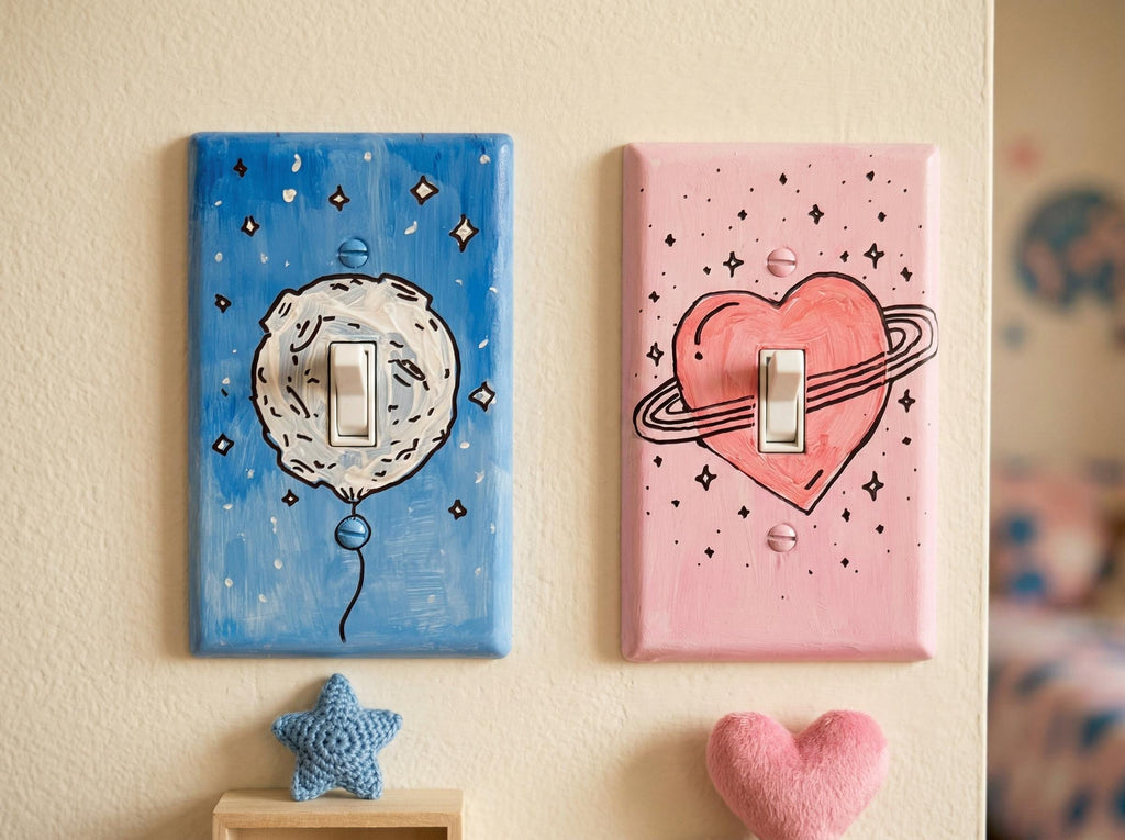 Hand-Painted Moon Balloon Light Switch Plates, Kids Nursery Blue Wall Art, Cute Space Theme Outlet Cover