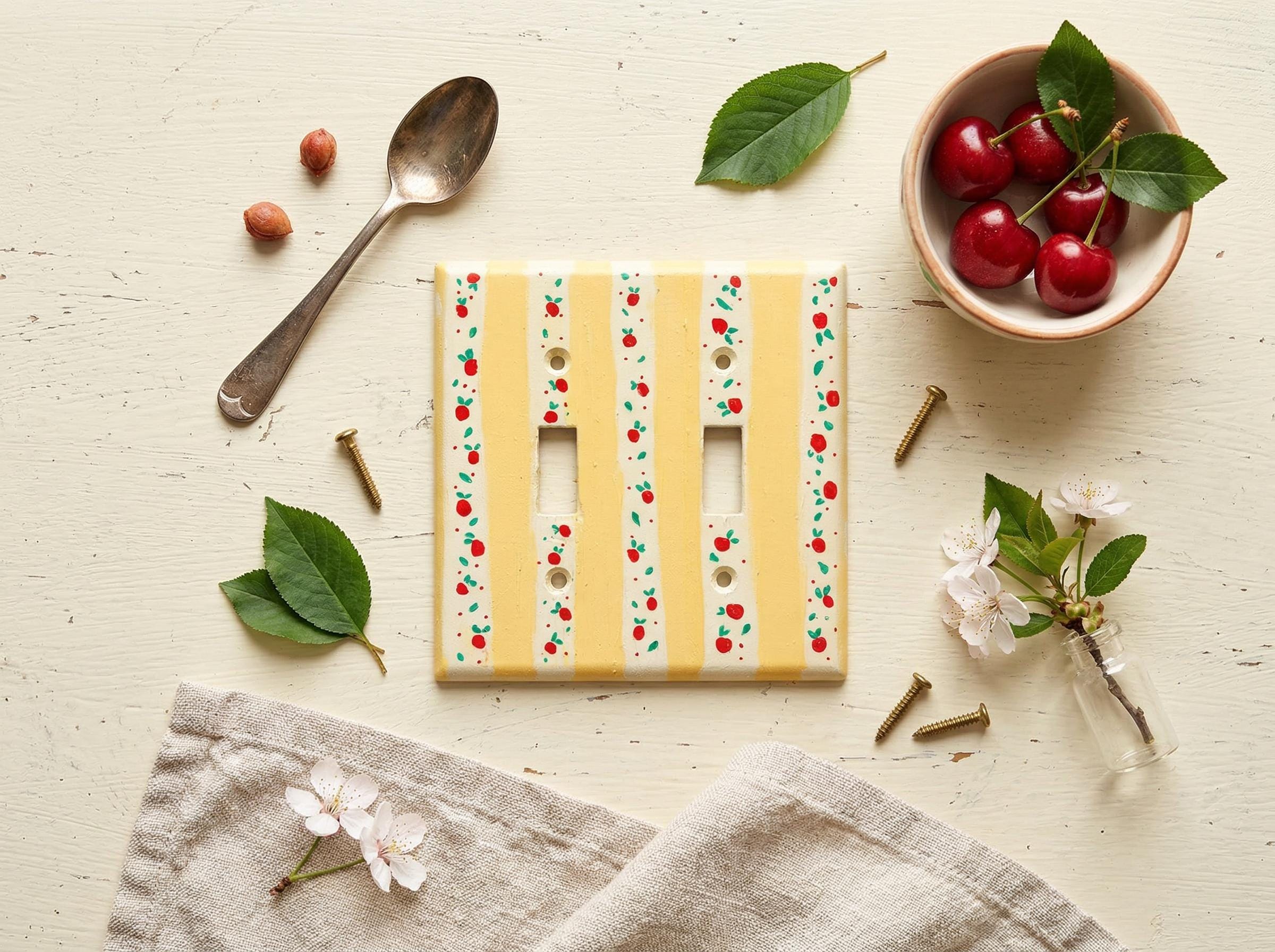 Hand-Painted Yellow Stripes Cherries Light Switch Plate, Kitchen Wall Art