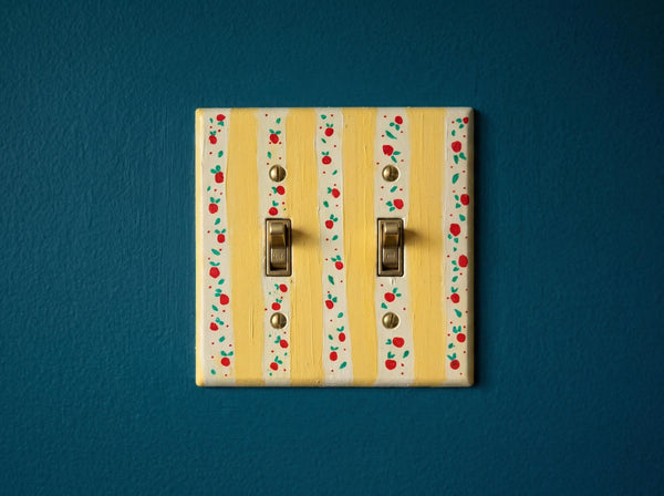 Hand-Painted Yellow Stripes Cherries Light Switch Plate, Kitchen Wall Art