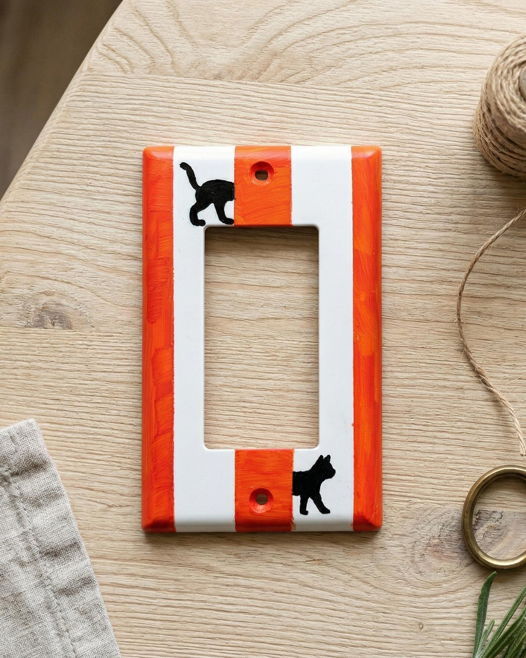 Hand-Painted Black Cat Light Switch Plate, Red Stripes Unique Wall Art, Home Outlet Cover, Other Colors Available!