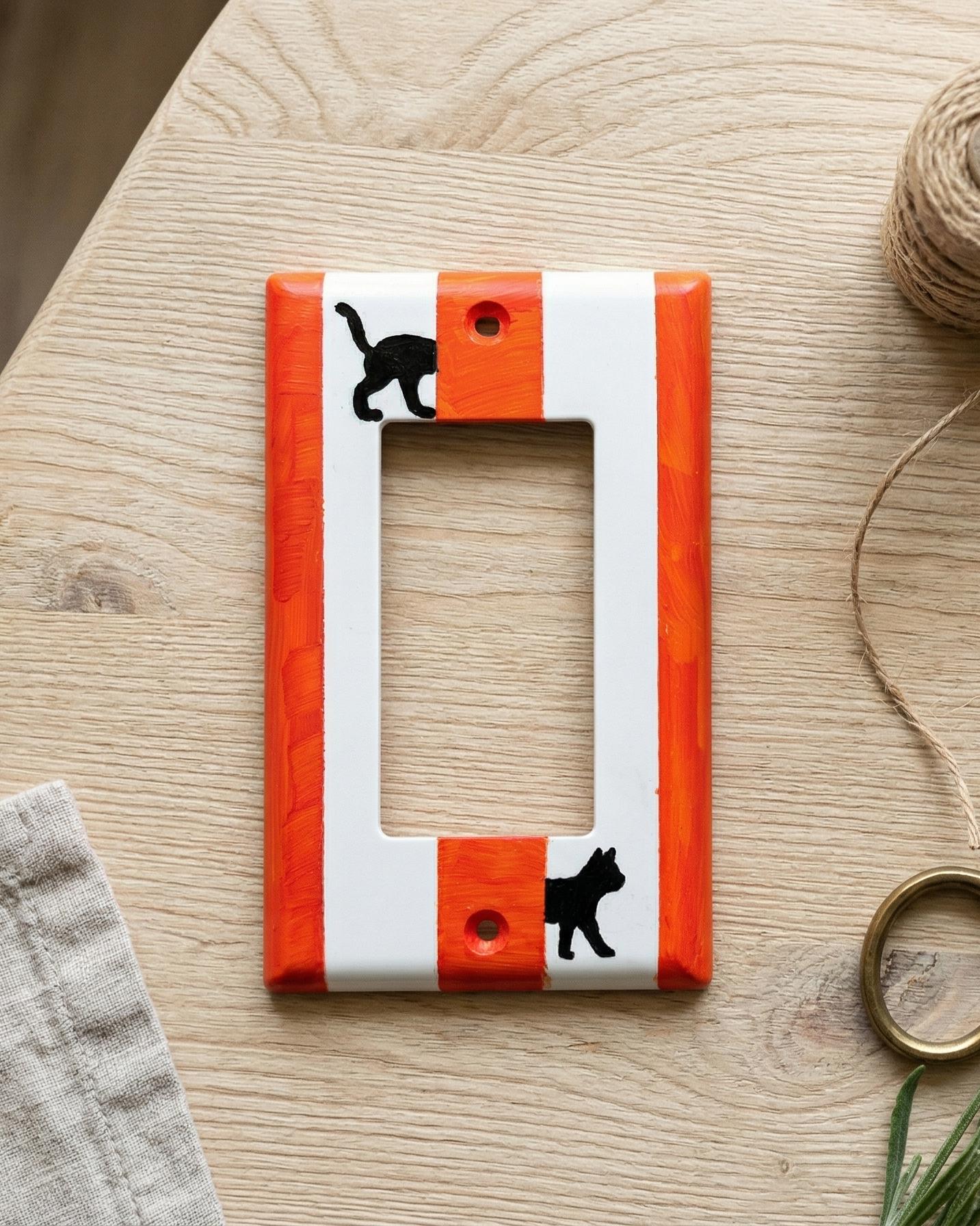 Hand-Painted Black Cat Light Switch Plate, Red Stripes Unique Wall Art, Home Outlet Cover, Other Colors Available!