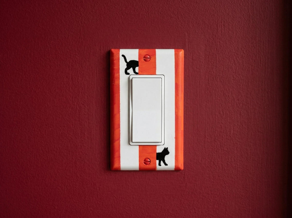 Hand-Painted Black Cat Light Switch Plate, Red Stripes Unique Wall Art, Home Outlet Cover, Other Colors Available!