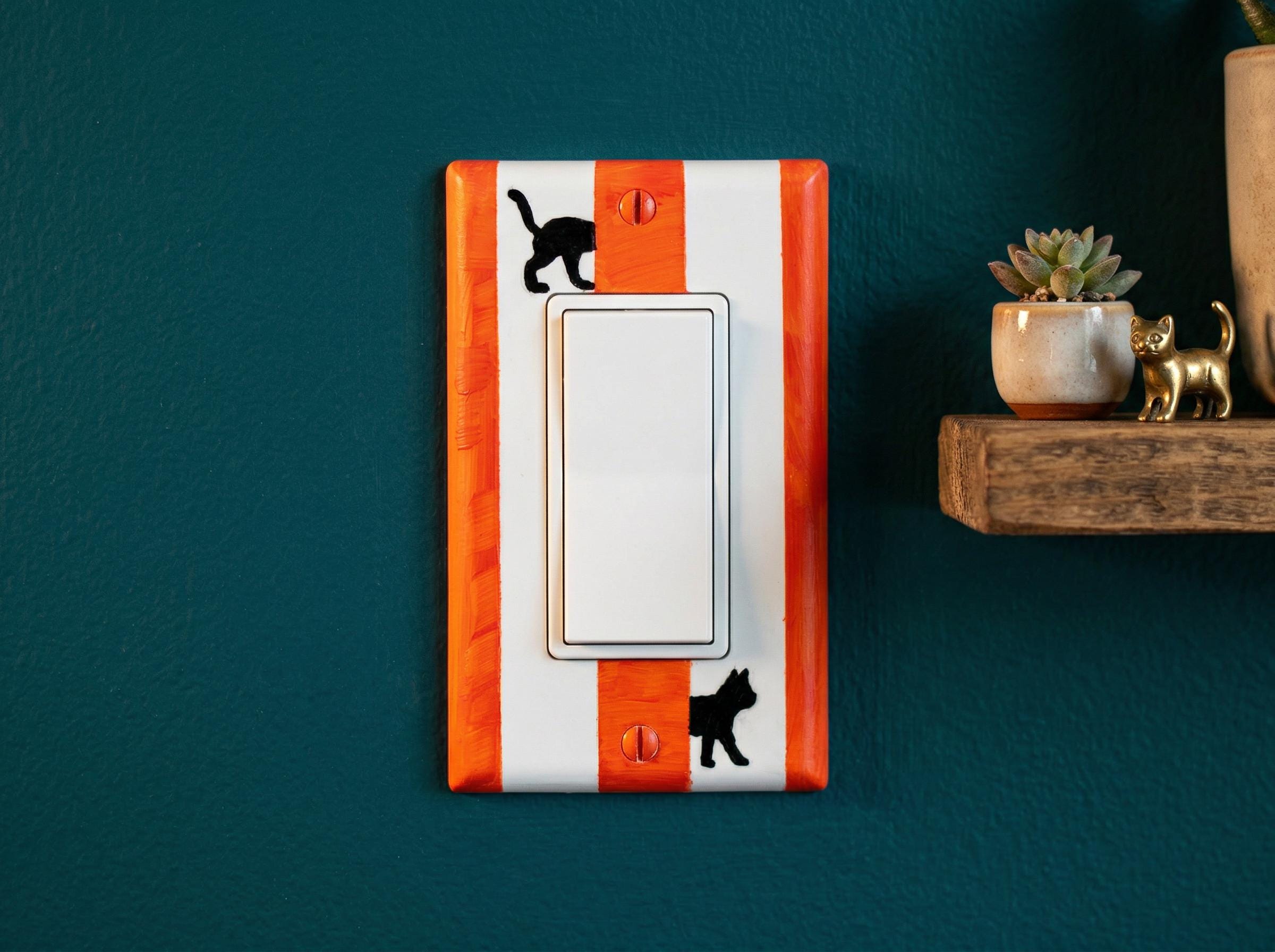 Hand-Painted Black Cat Light Switch Plate, Red Stripes Unique Wall Art, Home Outlet Cover, Other Colors Available!