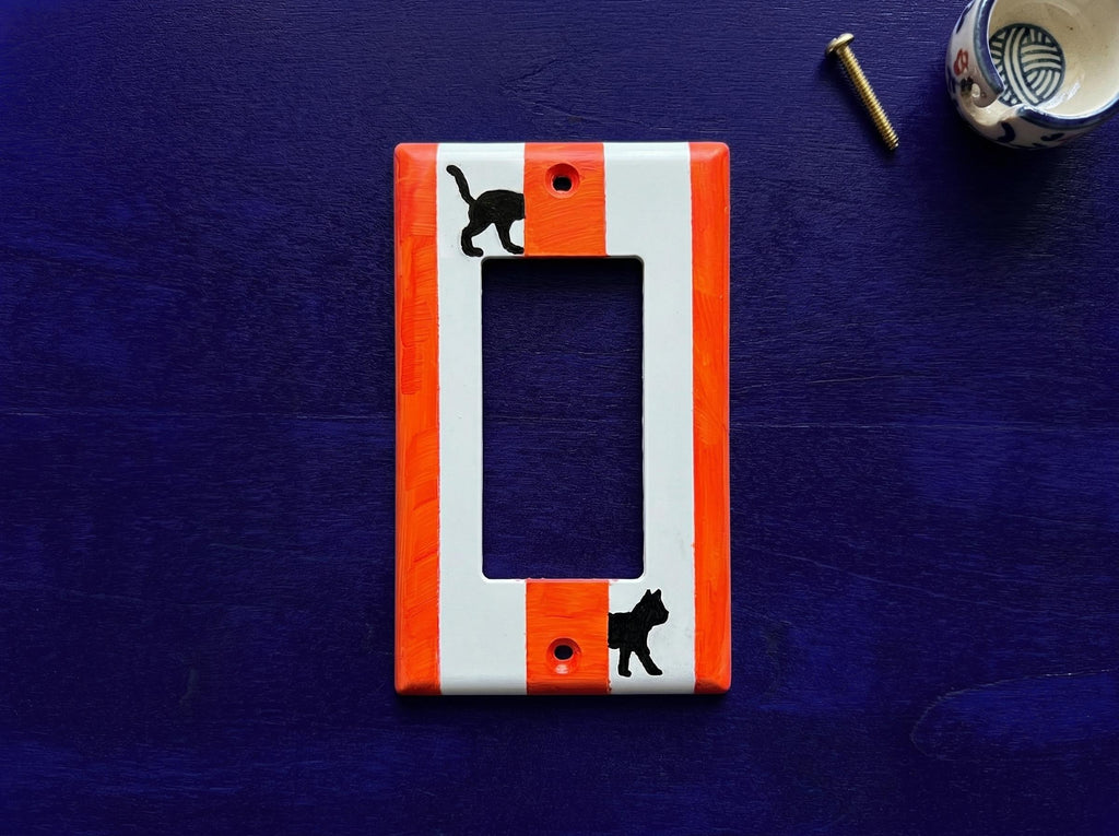 Hand-Painted Black Cat Light Switch Plate, Red Stripes Unique Wall Art, Home Outlet Cover, Other Colors Available!