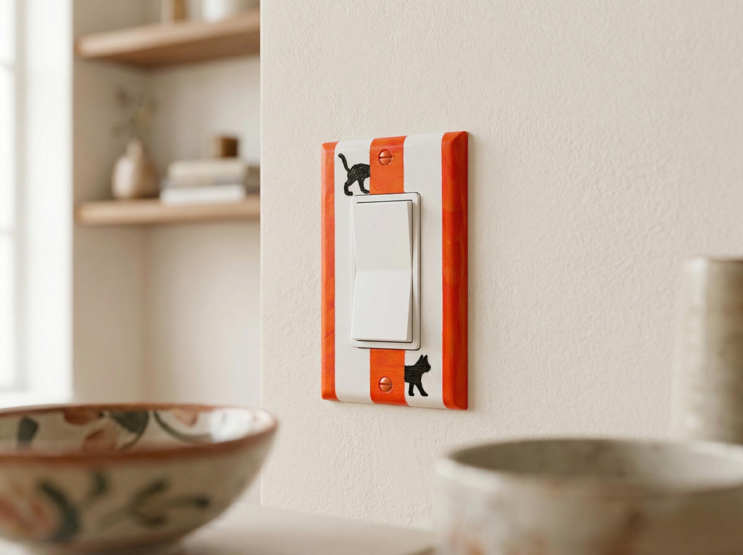 Hand-Painted Black Cat Light Switch Plate, Red Stripes Unique Wall Art, Home Outlet Cover, Other Colors Available!