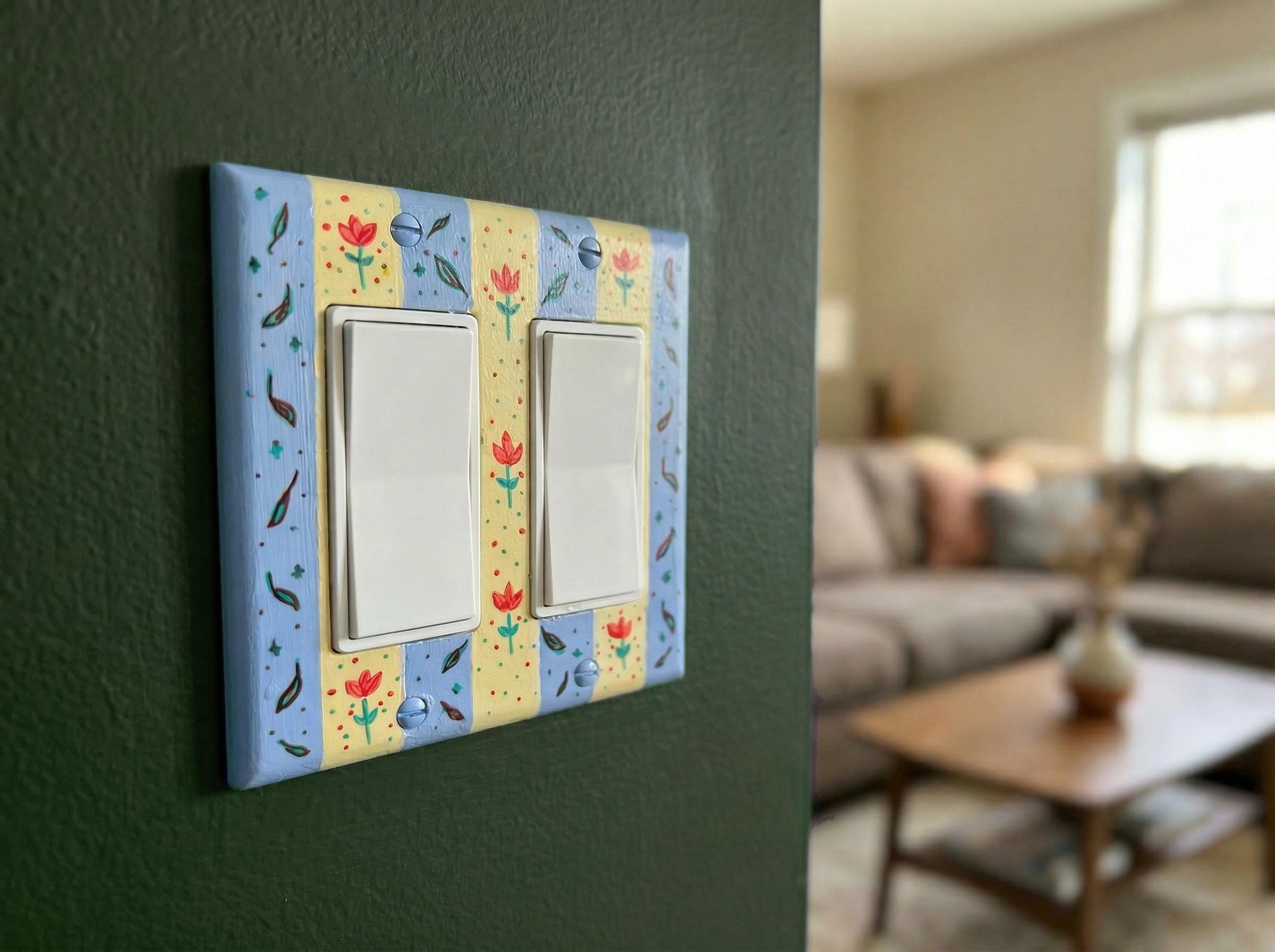 Hand-Painted Flowers Switch Plate, Butter Yellow and Blue Floral Wall Art, Home Outlet Cover