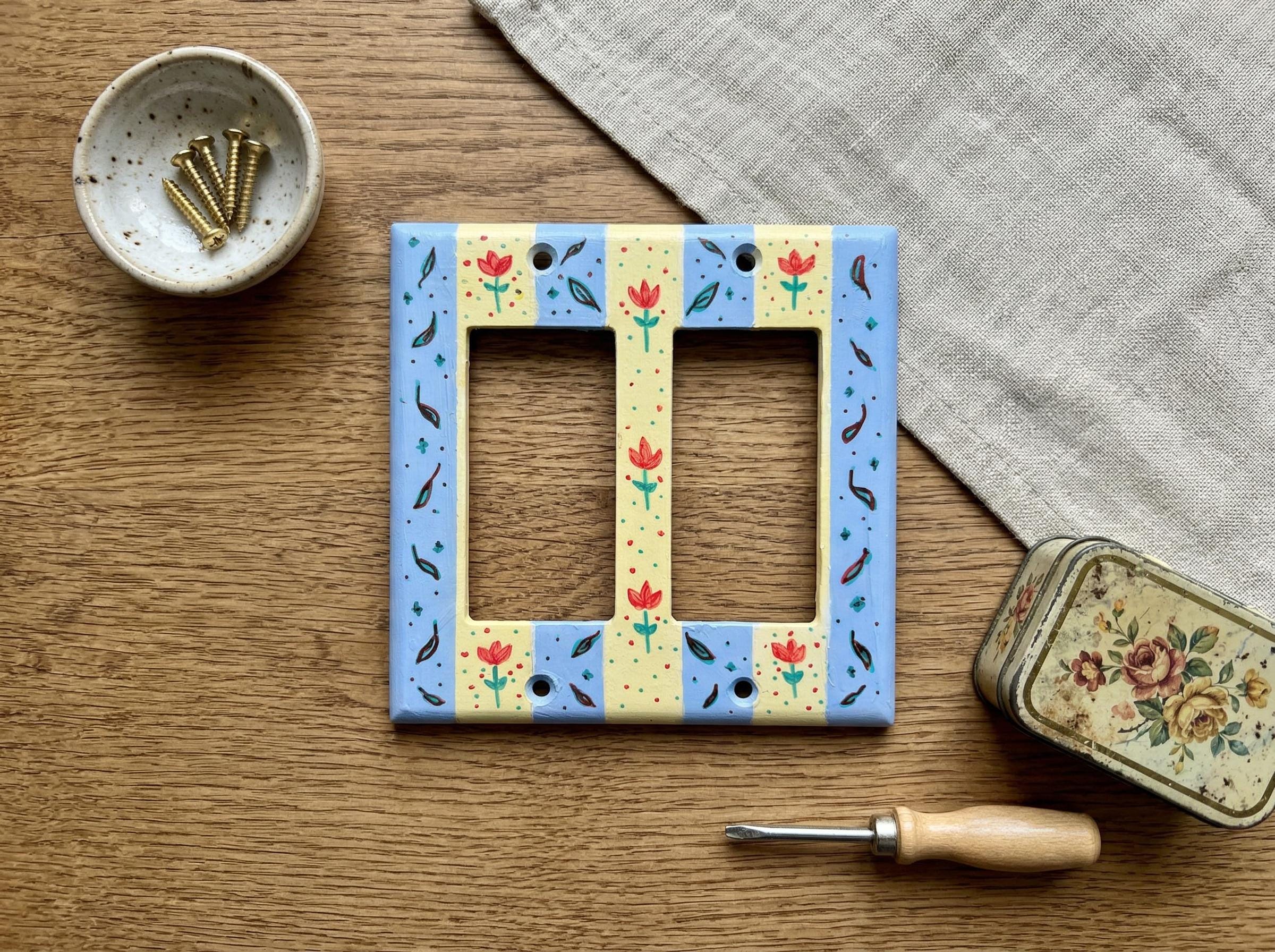 Hand-Painted Flowers Switch Plate, Butter Yellow and Blue Floral Wall Art, Home Outlet Cover