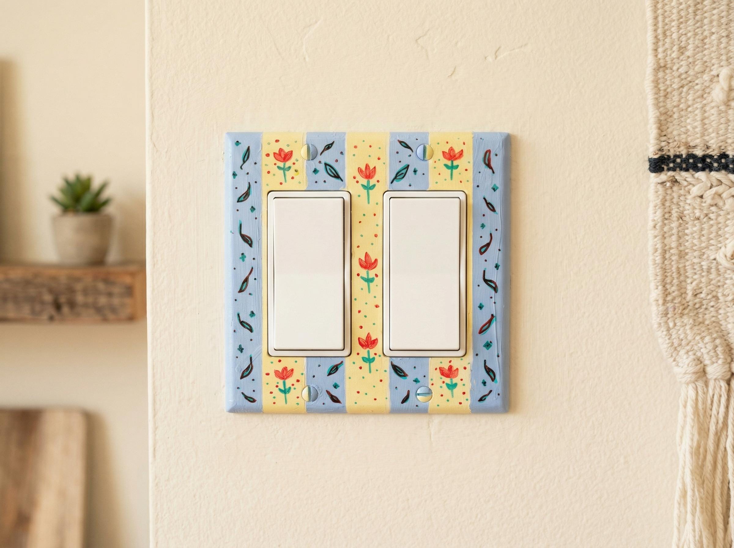 Hand-Painted Flowers Switch Plate, Butter Yellow and Blue Floral Wall Art, Home Outlet Cover