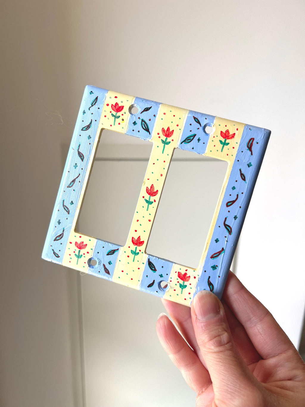 Hand-Painted Flowers Switch Plate, Butter Yellow and Blue Floral Wall Art, Home Outlet Cover