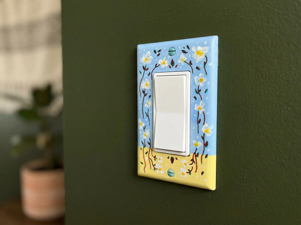 Hand-Painted Floral Switch Plate, Butter Yellow Blue Daisies Wall Art