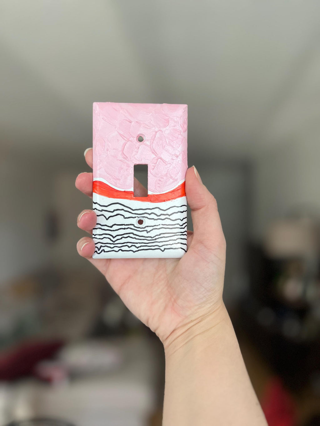 Unique Hand Painted Modern Pink and Black Striped Switch Plate Cover