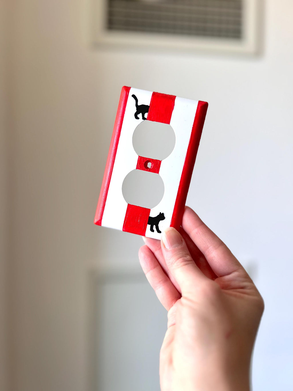 Hand-Painted Black Cat Light Switch Plate, Red Stripes Unique Wall Art, Home Outlet Cover, Other Colors Available!