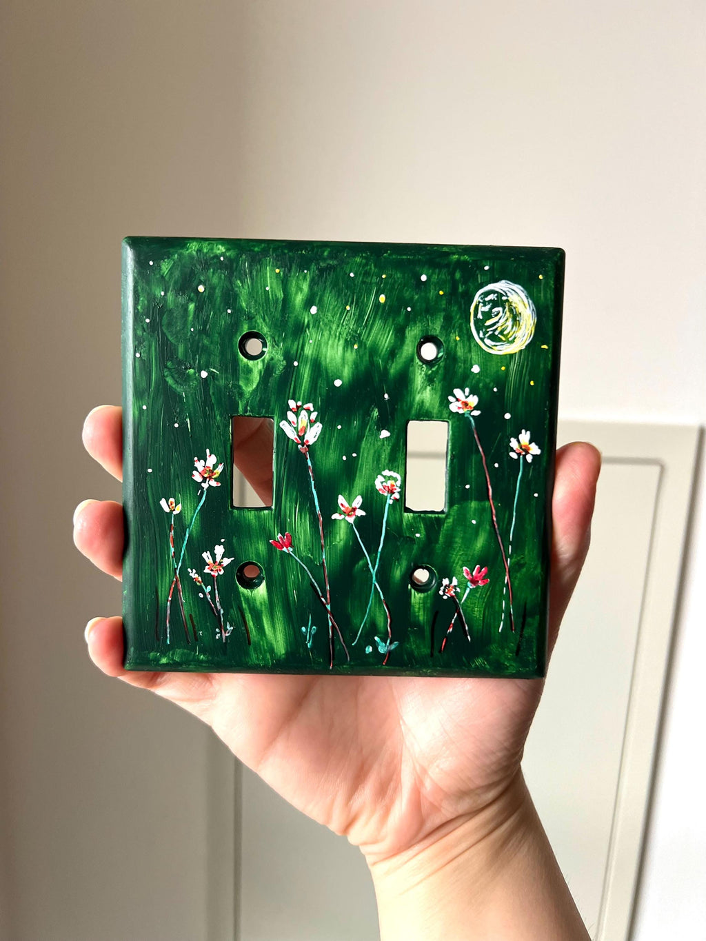 Hand-Painted Dark Green Floral Switch Plate, Moon Stars Wall Art Cover, Dark Academia Decor