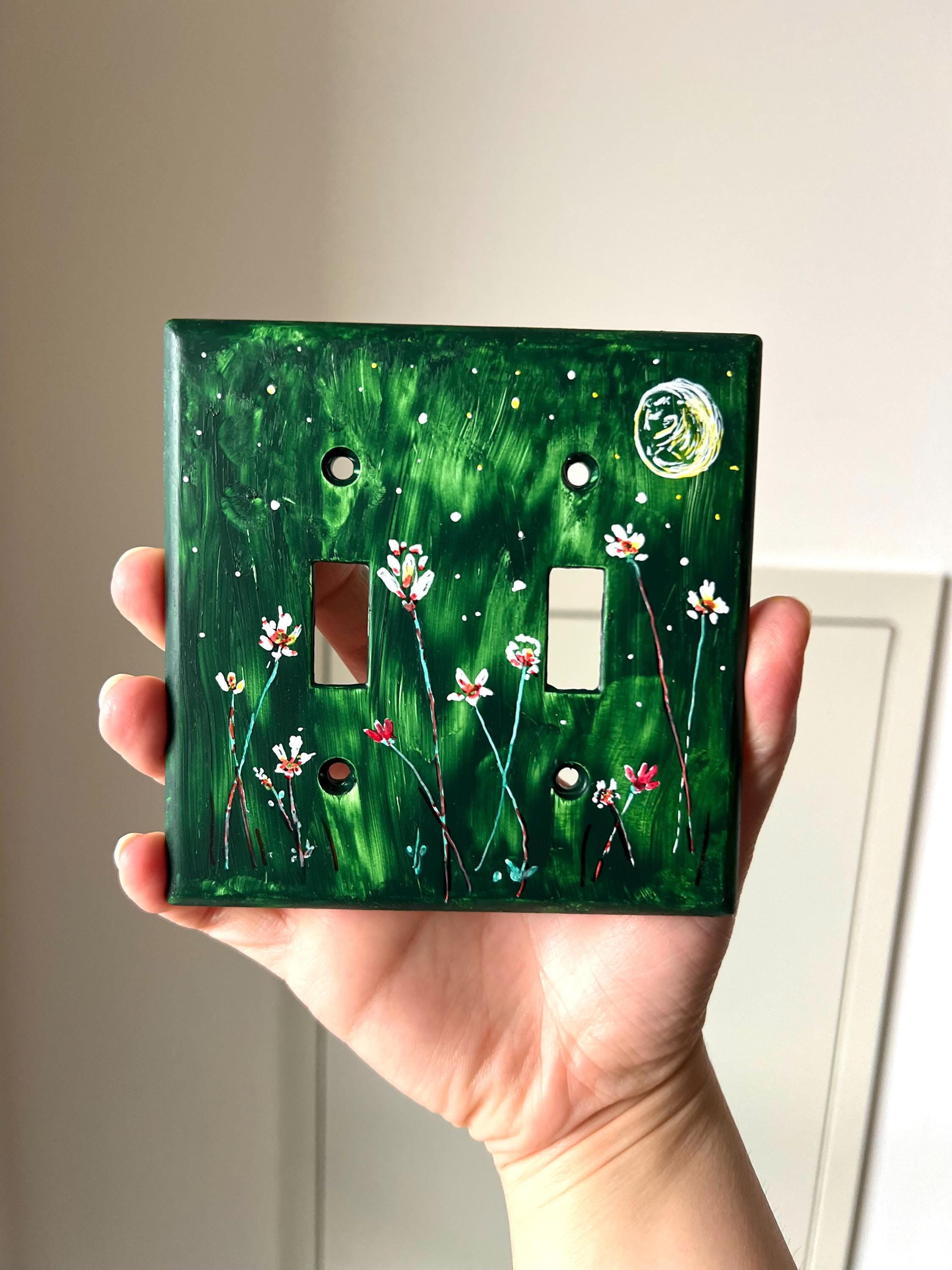 Hand-Painted Dark Green Floral Switch Plate, Moon Stars Wall Art Cover, Dark Academia Decor