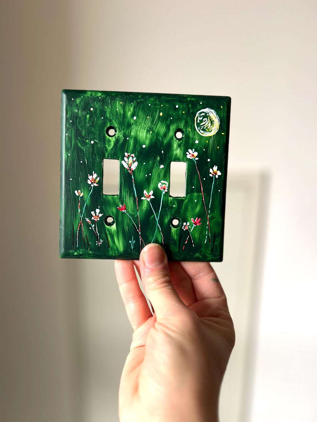 Hand-Painted Dark Green Floral Switch Plate, Moon Stars Wall Art Cover, Dark Academia Decor