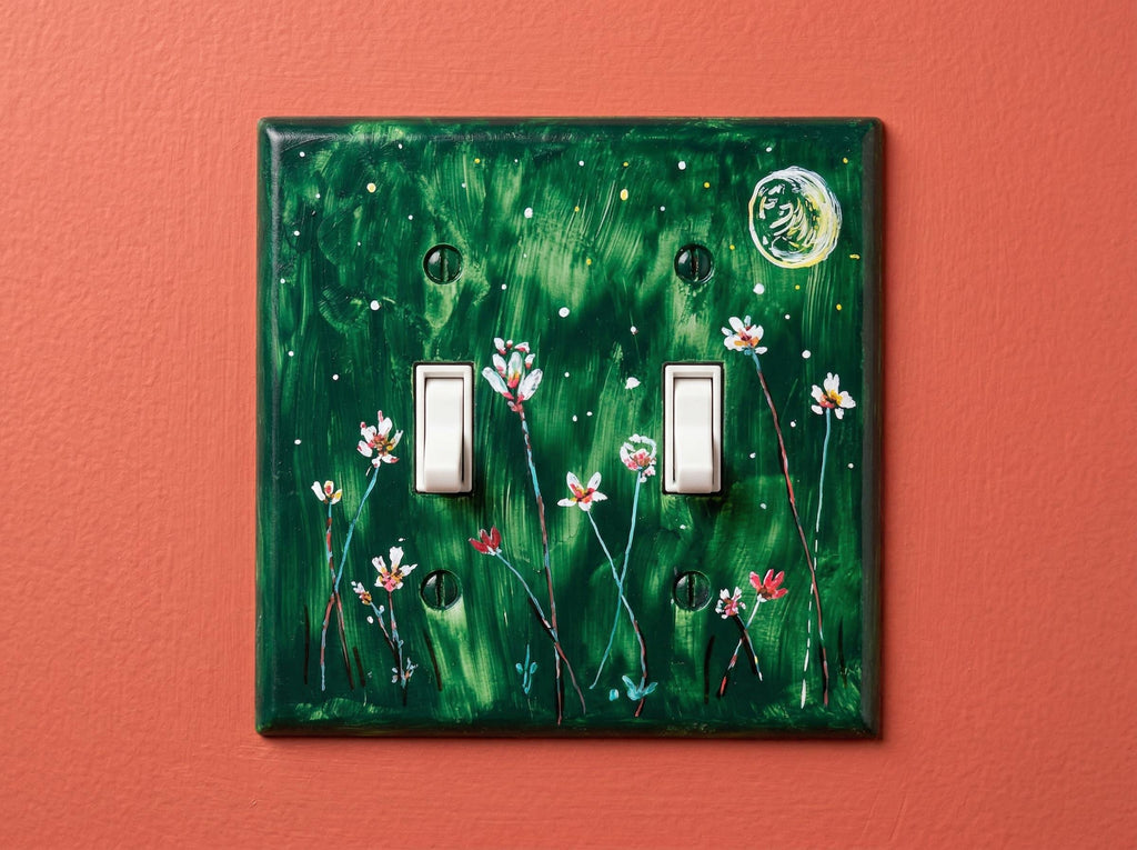 Hand-Painted Dark Green Floral Switch Plate, Moon Stars Wall Art Cover, Dark Academia Decor