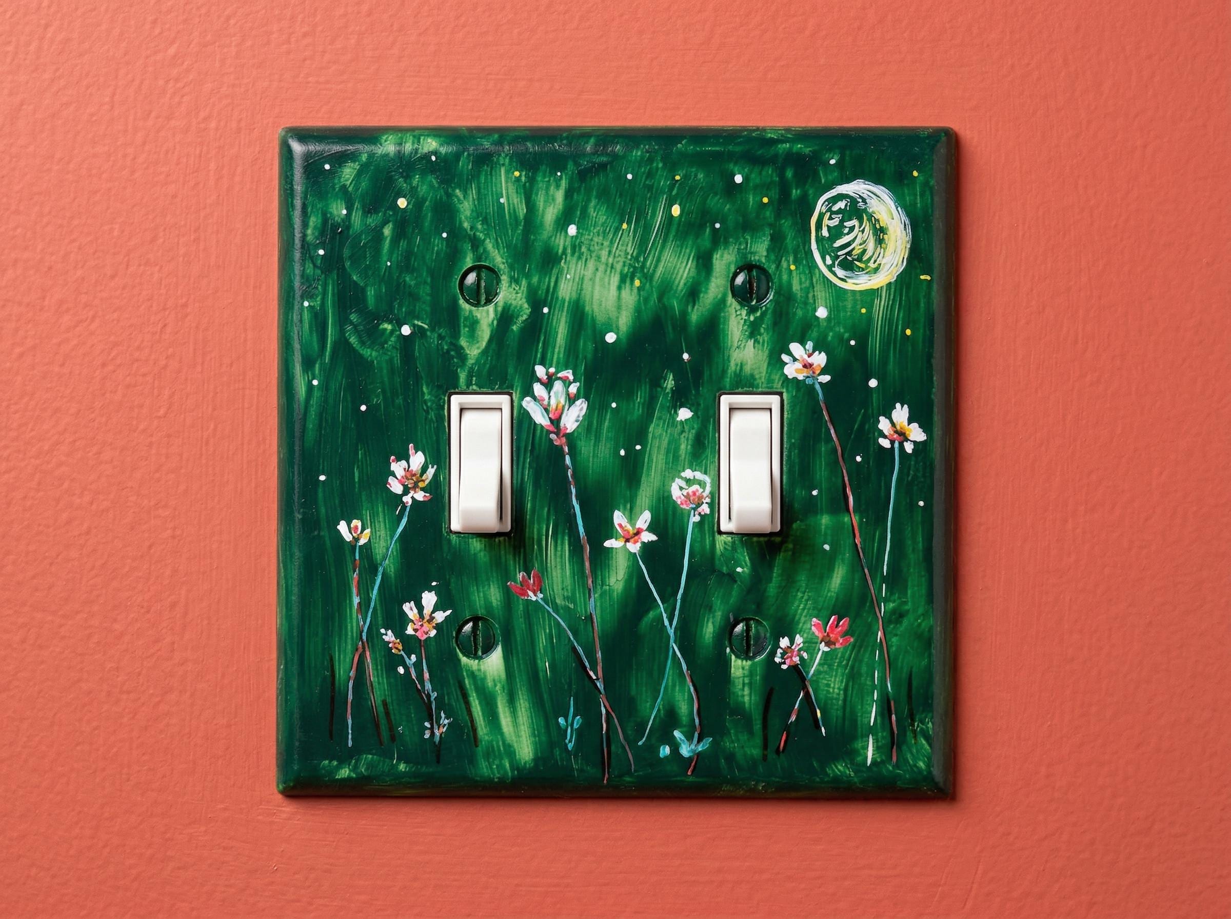 Hand-Painted Dark Green Floral Switch Plate, Moon Stars Wall Art Cover, Dark Academia Decor
