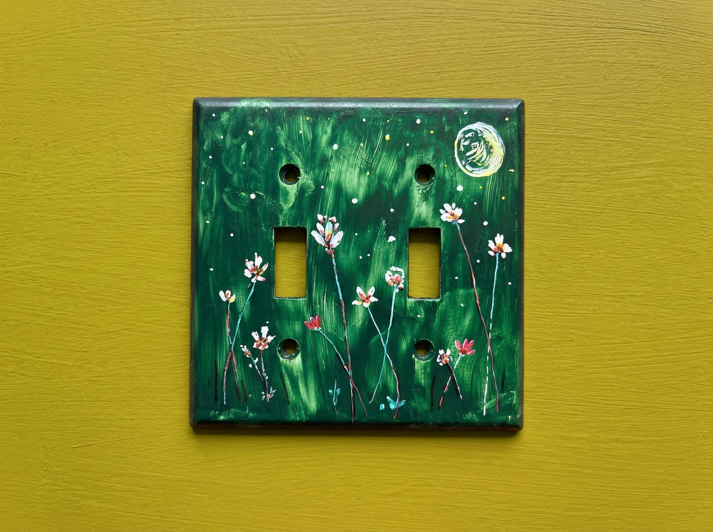 Hand-Painted Dark Green Floral Switch Plate, Moon Stars Wall Art Cover, Dark Academia Decor
