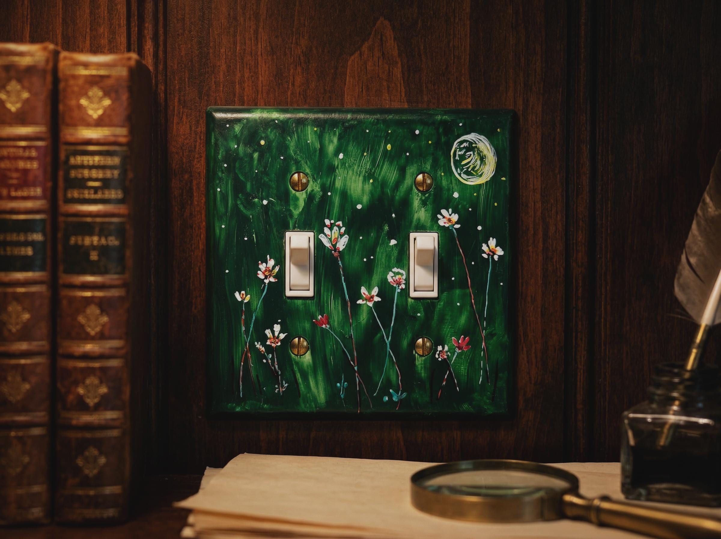 Hand-Painted Dark Green Floral Switch Plate, Moon Stars Wall Art Cover, Dark Academia Decor