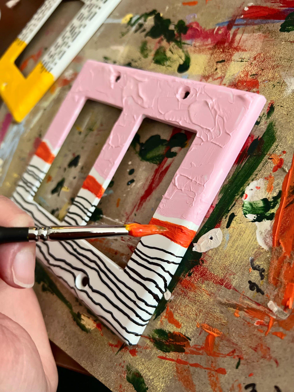 Unique Hand Painted Modern Pink and Black Striped Switch Plate Cover